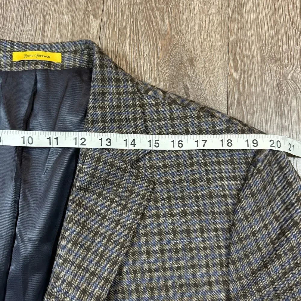 Hickey Freeman 46R Gingham Check Linen Wool Blend Blazer Sport Coat Brown Blue
